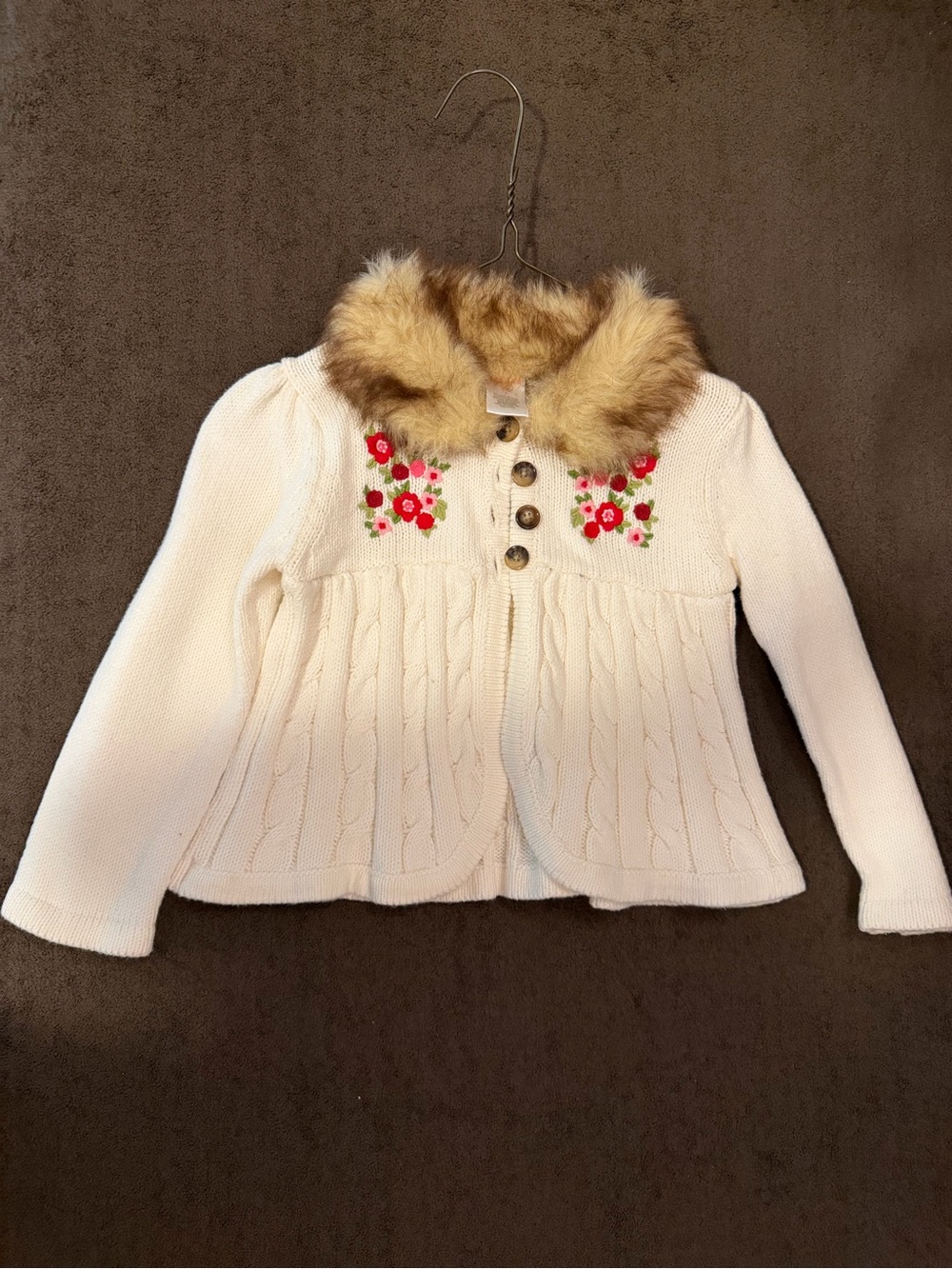 Gymboree Cream Knit Cardigan with Faux Fur Trim and Floral Accents